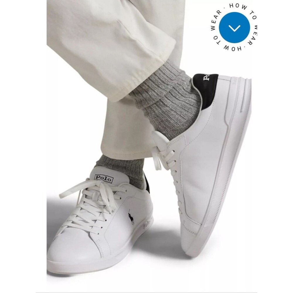 Polo Ralph Lauren Heritage Court White Low Top Leather Sneakers Black Heel 10.5